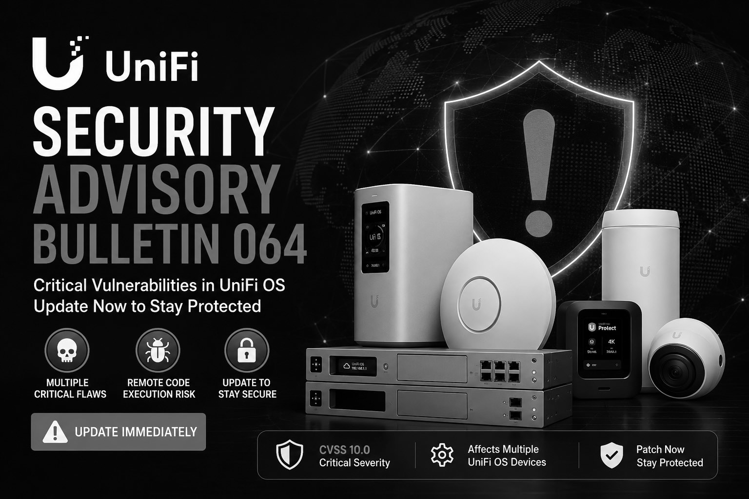 Dark-themed cybersecurity warning graphic for UniFi OS Security Advisory Bulletin 064. The image features multiple UniFi devices including gateways, access points, surveillance cameras, and controllers displayed against a futuristic digital globe background. A large red shield with an exclamation mark symbolizes critical security threats. Bold white and red text reads ‘UniFi Security Advisory Bulletin 064’ with messaging about critical vulnerabilities and urgent updates. Red security icons highlight risks such as remote code execution and multiple critical flaws. The overall design conveys urgency, cybersecurity risk, and enterprise network protection.